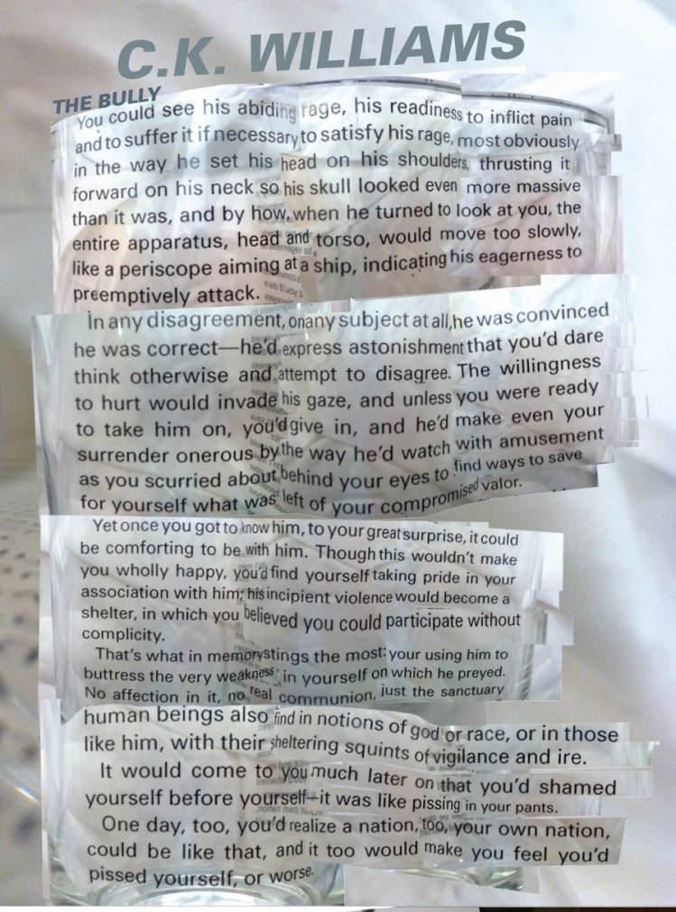 Close-up of CK Williams "The Bully." Type was printed on transparency and wrapped around a glass cylinder and photographed so the typography is magnified in some places, changes scale unexpectedly and experiments with the reflection of light.