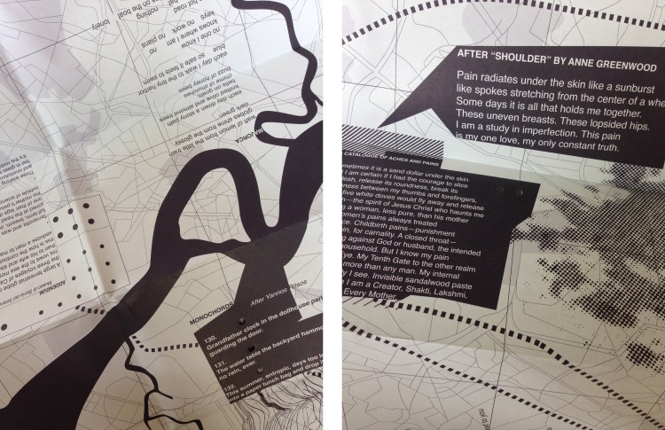 Close-up of text orientated in different directions on top of pathways, street line, rivers, and a longitude/latitude grid. Printed with one color, dark blue.