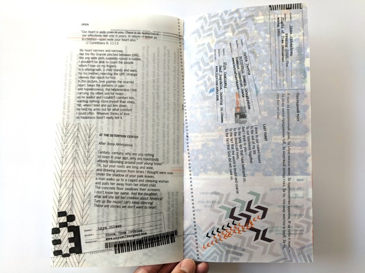 Sample spread being held in hand. Full color, printed on velum, transparent paper.