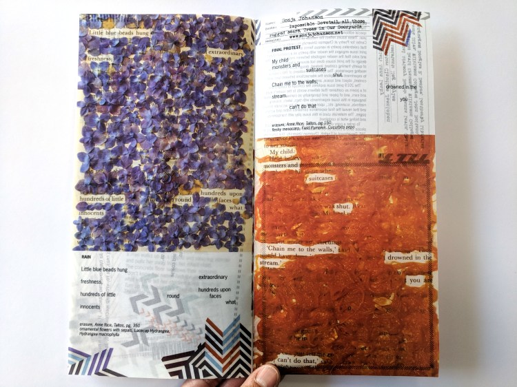 Sample spread being held in hand. Full color, printed on velum, transparent paper.