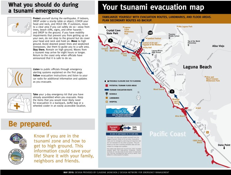 Brochure layout mailed to residents in Laguna Beach that includes preparedness information and map.