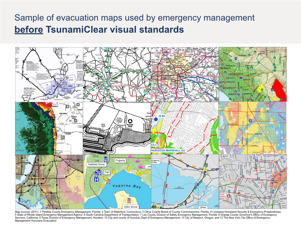 Sample of evacuation maps used by emergency management before TsunamiClear Visual standards.