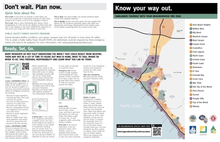 Brochure for Laguna Beach showing fire zones produced as part of FireClear's Visual standards for public-facing rick-literacy maps. 