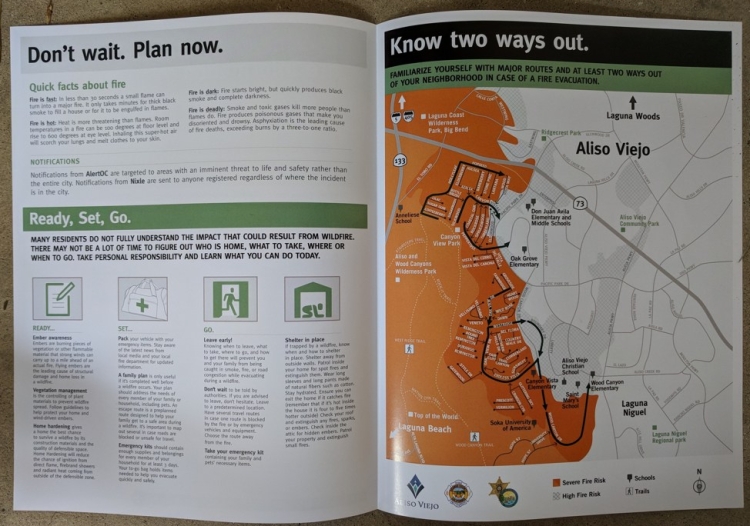 Brochure for Aliso Viejo, Orange County, showing fire zones produced as part of FireClear's Visual standards for public-facing rick-literacy maps. 