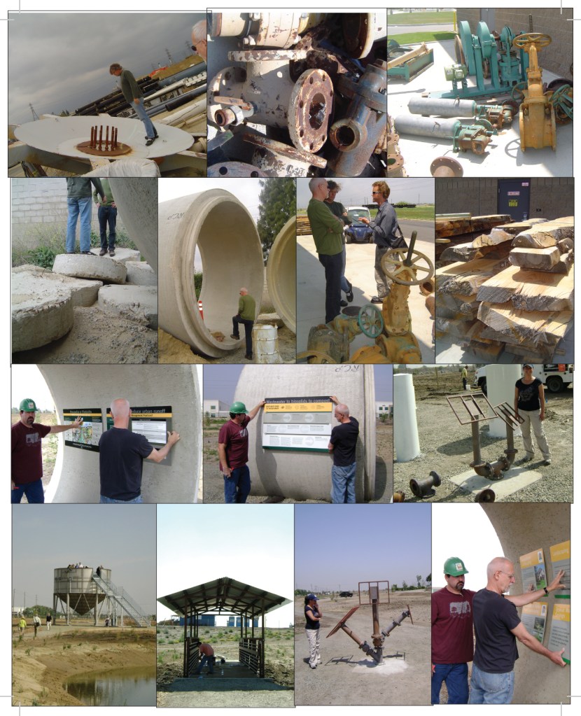 Photos of the junk yard where Richard Turner, Claudine Jaenichen, and a representative from the Inland Empire Utility Agency look for possible materials for park sculptures.