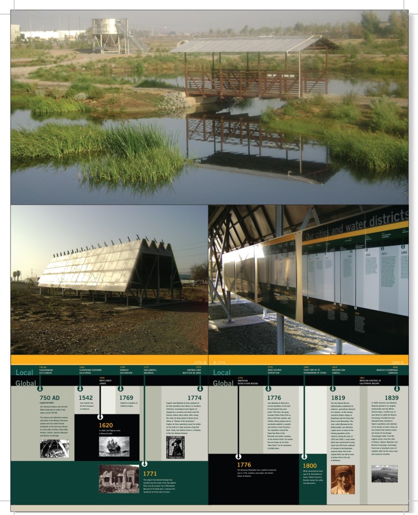 Exterior images of the Boat Clarifier made of metal sheets and multiple pipes on top. The interior hosts the design of the timeline printed on metal plates and in full color.