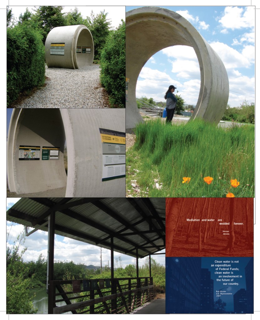 Concrete circular structures where a person is standing looking a sign exhibit. Below, shows the poetic and politics bridge with water falling from the pitched metal roof.