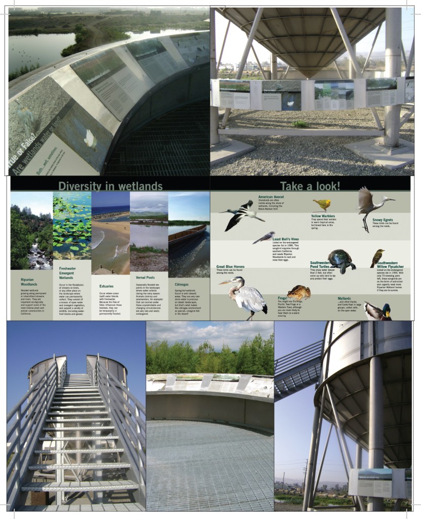 Design panels on a curved platform and two story water tower accessible by stairs. A copy of the design panels are on the first floor.