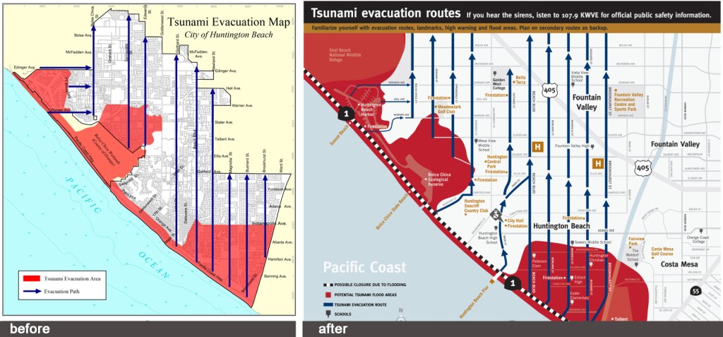 Before and after evacuation maps for the City of Huntington Beach demonstrating visual effectiveness and consistency applying TsunamiClear visual standards on the right map.