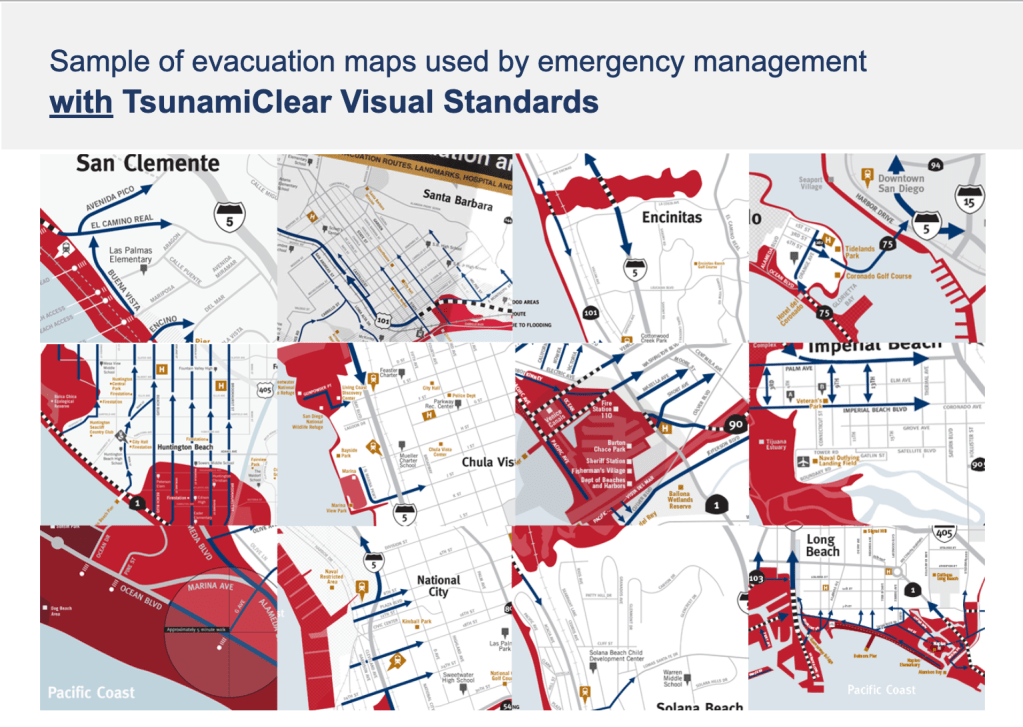 Sample of evacuation maps used by emergency management with TsunamiClear Visual Standards.