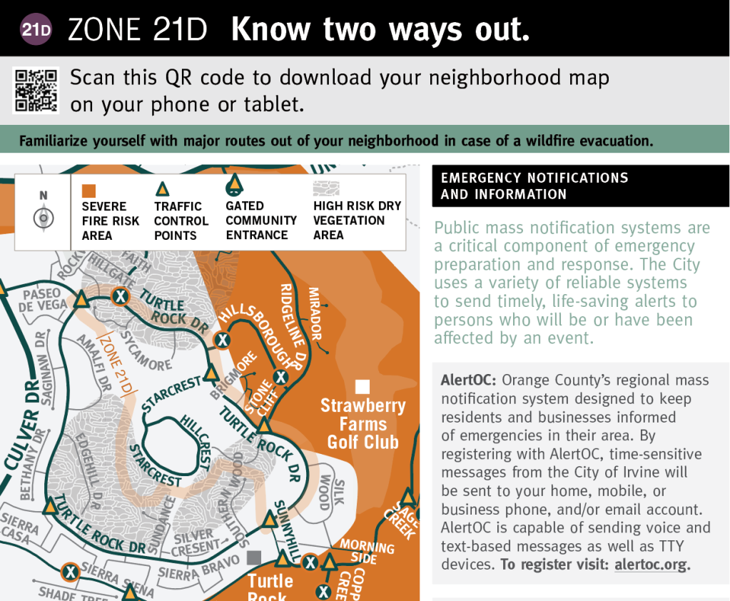 Brochure for Zone 21D in the City of Irvine, Orange County, showing fire zones produced as part of FireClear's Visual standards for public-facing rick-literacy maps. 