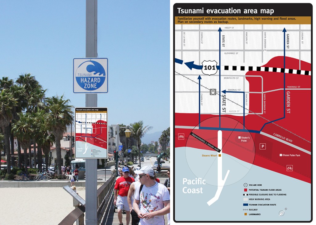 Walking sign posted on the Santa Barbara pier produced as part of TsunamiClear's Visual standards for public-facing evacuation maps. 