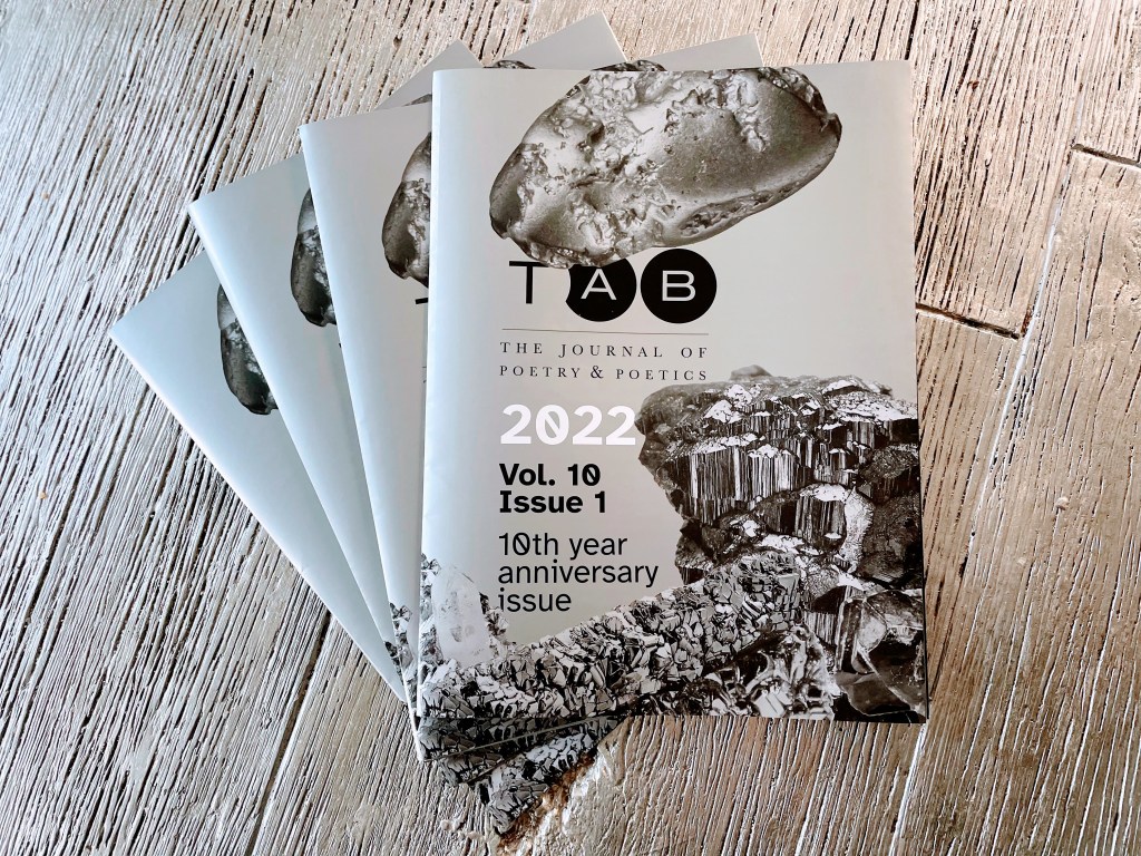 Four issues on a table of the 2022 print issue printed with metallic silver ink and black. It is folded into a 9 x 12 booklet.