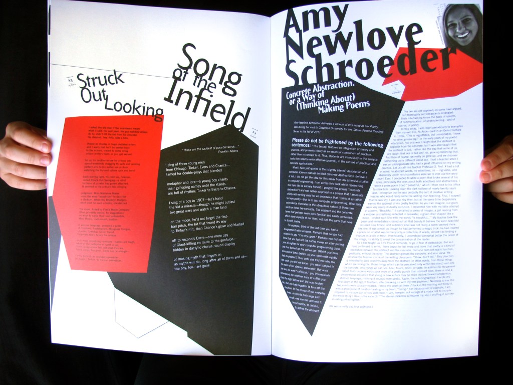 Sample spread with big shapes of red and black with angled type grid