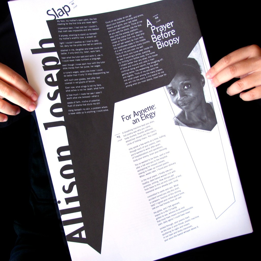 Back cover with Allison Joseph's poems "Slap, A Prayers Before Biopsy, and For Annette: an Elegy"