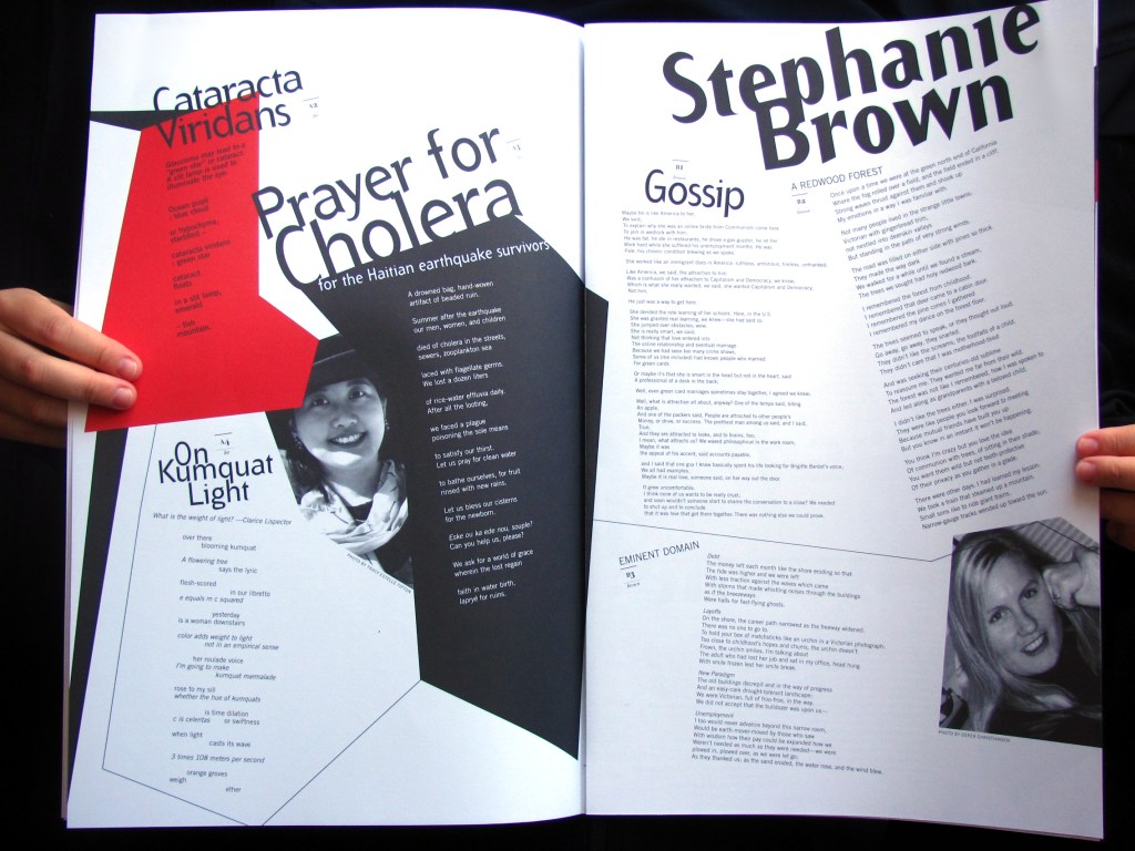 Sample spread with big shapes of red and black with angled type grid