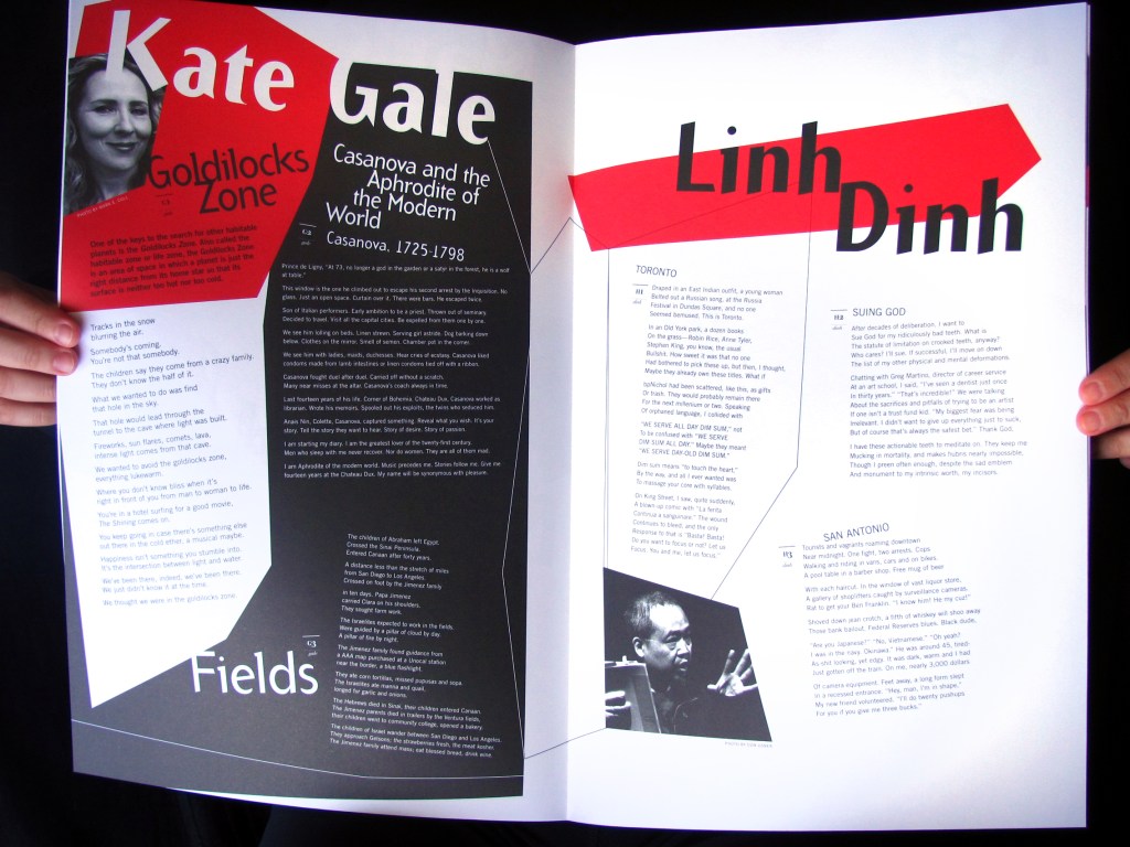 Sample spread with big shapes of red and black with angled type grid