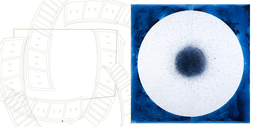 Sample spread, image only, with line drawing collage and Lia's painting on the right.