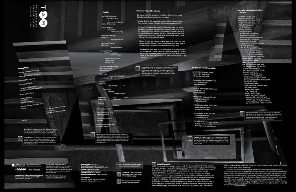 A dark, monochromatic spread from Tab: The Journal of Poetry & Poetics featuring multiple blocks of white text (poems and prose) arranged across a layered, abstract background resembling overlapping concrete slabs or architectural forms. The composition uses dramatic lighting and shadow, with diagonal bands of light cutting across the page. Text sections vary in size and orientation, including titles such as “Fighting Chance” and “You are the Center of the Universe,” along with smaller author bios and editorial notes near the bottom. The overall design feels fragmented and immersive, blending poetry with a stark, sculptural visual environment.