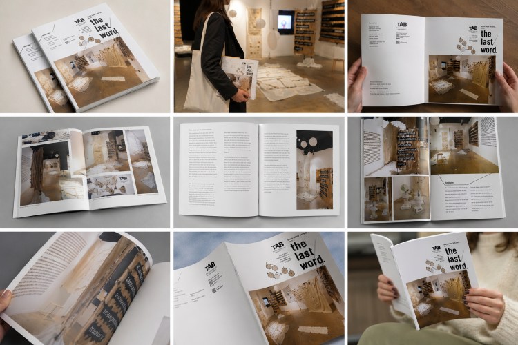 Collage of images showing a multi-page catalog with large photography of the exhibition in a grid format
